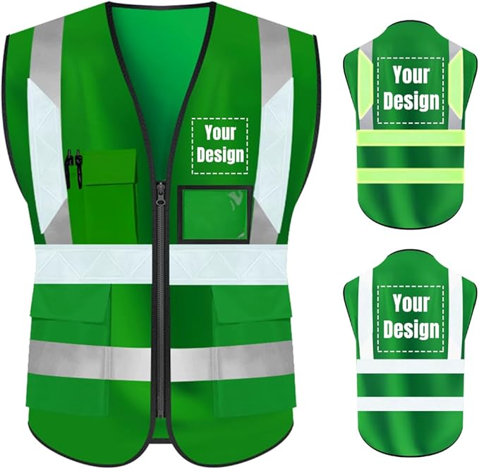 YOWESHOP High Visibility Safety Vest Custom Your Logo Protective Workwear 5 Pockets With Reflective Strips Outdoor Work Vest (L, Green Luminous)