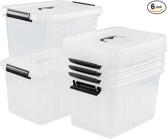 Sandmovie 12 Quart Clear Plastic Latching Storage Box, 6 Packs