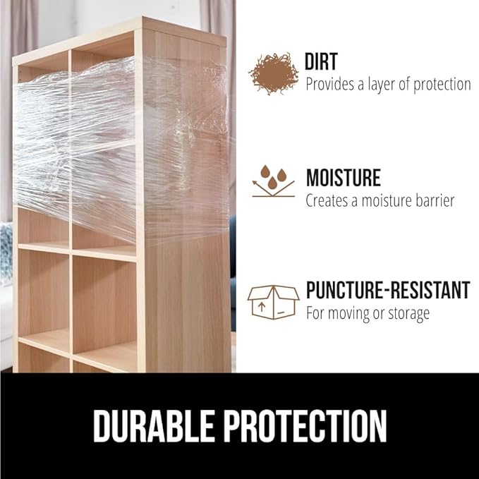 GORILLA GRIP 500% Stretch Film Heavy Duty Plastic, 2 Pack 500ft Shrink Wrap Rolls 17" Puncture Resistant, Industrial Strength for Pallet Storing, Wrapping, Moving, Packing Furniture Protection Clear