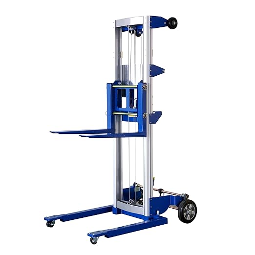 122" Material Lift Winch Stacker, 400 lbs Capacity Manual Material Lifts, Adjustable Straddle Material Lifter, Hand Winch Lift Trucks for Warehouse, Factory, Lightweight, 42.90" L x 43.30" W