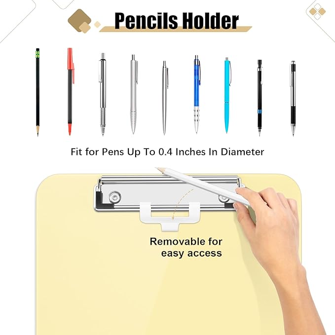 Hongri Plastic Clipboard with Pen Holder, Yellow 8.5x11 Letter Size Clip Board for Classroom, Office, Students, Nurses and Women, Low Profile Clip, Size 12.5 x 9 in