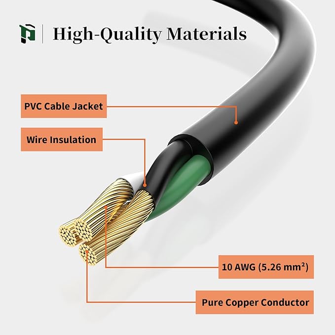 PLUGTUL 10 Gauge Extension Cord 50FT, Black Outdoor Extension Cord with Lighted End, Heavy Duty,15A 1875W SJTW, ETL Listed