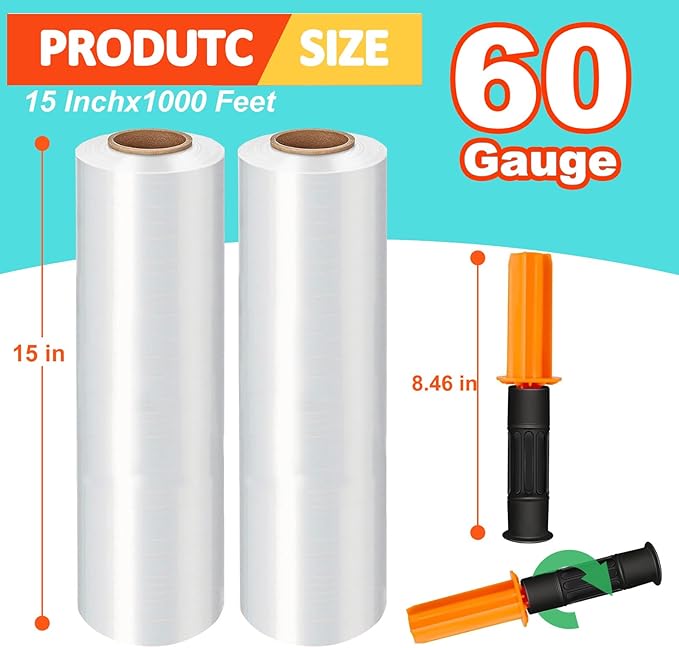 Stretch Wrap Film, 15" x 1000Ft Shrink Wrap Roll with Handles,60 Gauge Stretch Wrap Industrial Strength, Plastic Wrap for Pallet Wrapping Shipping Moving and Surface Protection (2 Pack-15"-60 Gauge)