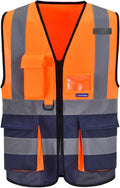 Orange&Navy 4XL-5XL High visibility vest,Reflective Safety Vest Workwear 7 Pockets Hi Vis Durable Vest with Reflective Tapes 4 Lower Pockets