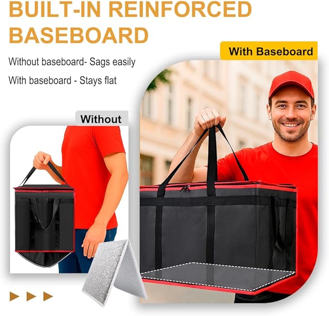 mosago Insulated Food Delivery Bag - Reusable Thermal Cooler Grocery Bags for Catering & Delivery, Pizza Carrier for Events, Large Capacity Bag Keeps Food Hot/Cold (Black with Red Trim, with Base)