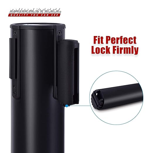 DuraSteel Black Crowd Control Barriers Stanchions with Retractable Belts - Metal Stanchion Posts w/ 6.5ft Black Retractable Barrier Belt Ropes - Queue VIP Safety Line Dividers - Set of 2 Stantions