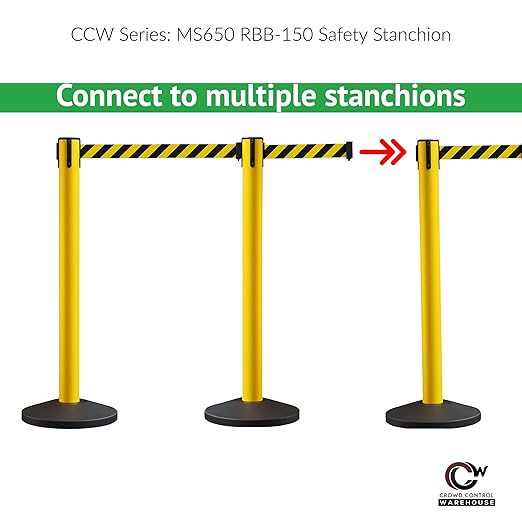 Crowd Control Warehouse CCW Series RBB-150 - Set of 2 Stanchion Retractable Belt Barriers - 16 Foot, Red"Authorized Access ONLY" White Letters Belt with Yellow Post - Easy Assembly