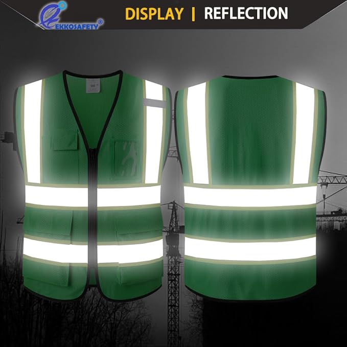 Reflective Mesh Safety Vest for Men Women with 5 Pockets and Zipper Front High Visibility Mesh Vest Hi Vis Construction Work Vest,Meets ANSI/ISEA Standards(EK175-Green-2XL)