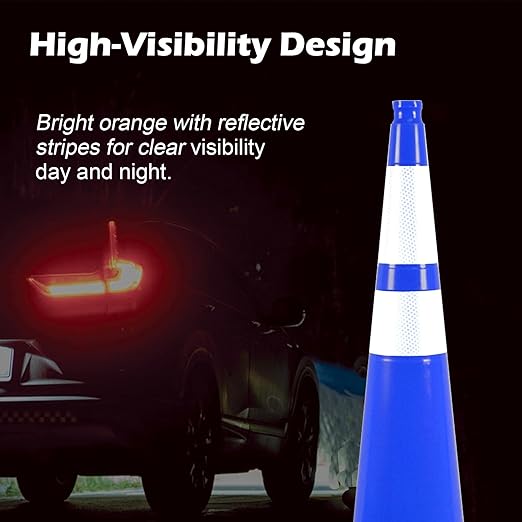 6 Pack 36 Inch Blue Heavy Duty PVC Cones with Stable Black Base, Professional Traffic Management, Parking Lots, Highway Safety, Work Sites (6, Blue, 36 Inch)