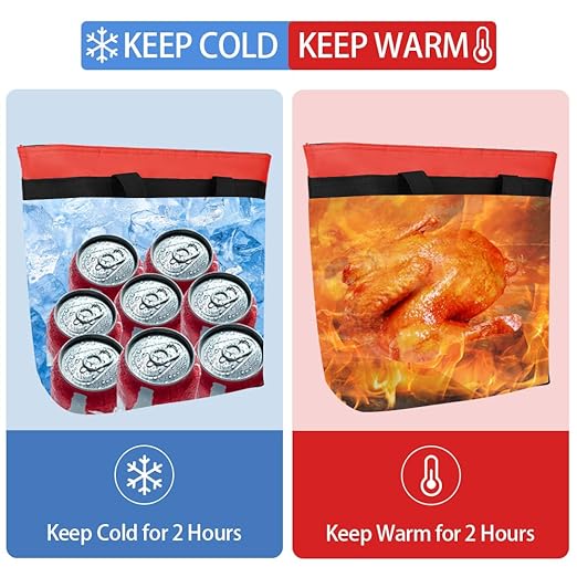 Insulated Reusable Tote Bag for Grocery Shopping for Women, Pizza/Food Delivery Bag to Keep Food Cold/Hot for Commercial Food Transport, Cooler bags for Travel/Beach/Picnic, Non-Waterproof, Red