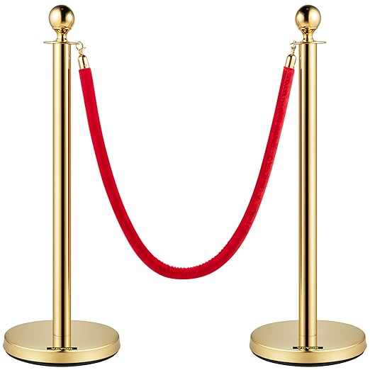 VEVOR Velvet Ropes and Posts 6 Pcs Red Velvet Rope 5 ft, Stanchions Solid Base with Ball Top, Crowd Control Barriers Gold Stanchions, Red Carpet Poles, Crowd Control Ropes and poles for Party Supplies