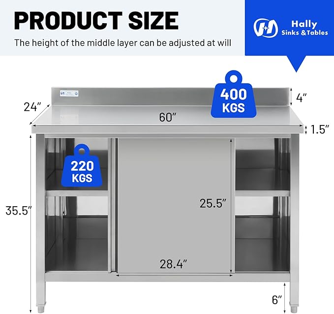 Hally Stainless Steel Cabinet, 24" x 60" NSF Commercial Heavy Duty Prep Workbench with Backsplash and Two Sliding Doors, Large Storage Cabinet, Metal Table for Kitchen, Restaurant, Garage