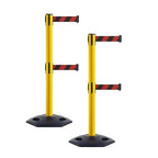 CCW Series WBB-200D - Set of 2 Retractable Dual Belt Stanchion Safety Barrier, Heavy-Duty Rubber Base Yellow Post (7.5 Foot Belt, Black and Red Diagonal Belt)