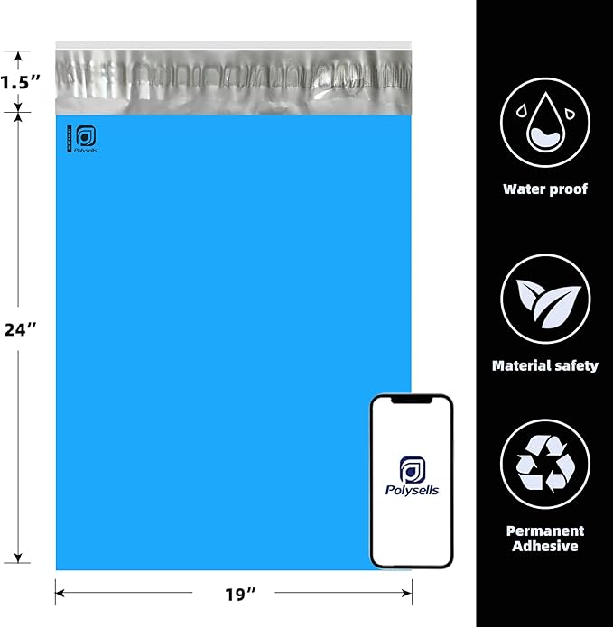 POLYSELLS 50 pcs 19x24 Inches Blue Poly Mailers Shipping Envelopes, Strong Adhesive Sealing, Waterproof, and Tear-resistant Postal Mailing Bags for Clothing, Books, and Accessories