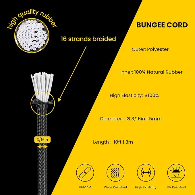 Bungee Cord Elastic Shock Cord 3/16" x 10' Bungee Rope for DIY, Tie Downs, Kayak and Outdoor - Black