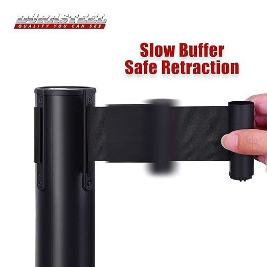 DuraSteel Black Crowd Control Barriers Stanchions with Retractable Belts - Metal Stanchion Posts w/ 6.5ft Black Retractable Barrier Belt Ropes - Queue VIP Safety Line Dividers - Set of 2 Stantions