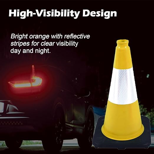 6 Pack 18 Inch Yellow Traffic Cones with Reflective Bands, Durable Black Base Cones for Factory Safety, Loading Zones and Parking Guidance (6, Yellow, 18 Inch)