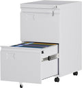 Aobabo 2 Drawer File Cabinet with Wheels, Lockable Metal Filing Cabinet with Business Card Slot for Legal/Letter Size Home Office, Required Assembled,White