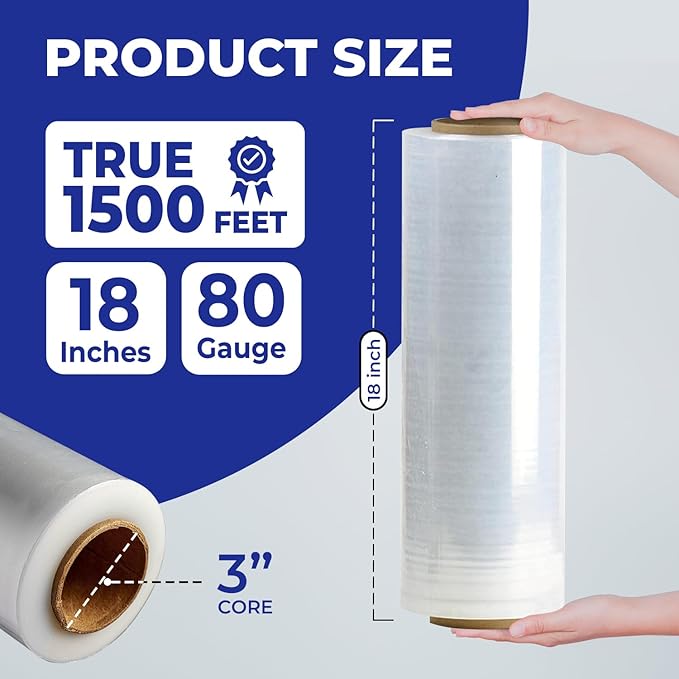 Rosmonde 18" Plastic Wrap for Moving, 5 Pack, 18" x 1500 ft Shrink Wrap, 80 Guage Thick, 9.4 lbs/Roll, Premium Shrink Wrap Roll, Hand Bulk Stretch Wrap, Heavy Duty Stretch Film for Moving & Pallets