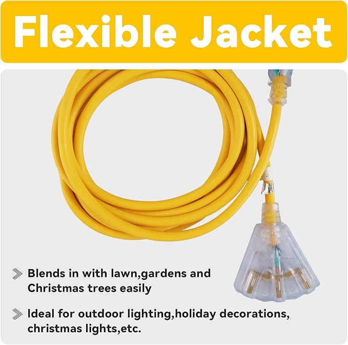 EP 20 Ft 12 Gauge Heavy Duty Extension Cord, 15A 125V 1875W, 3 Outlet Indoor/Outdoor Power Cord with Lighted End, 12/3 SJTW Weatherproof Yellow, UL Listed