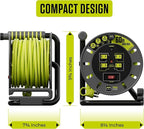 Masterplug 60ft Cord Reel, Retractable Extension Lead with Winding Handle, Safety Overload Circuit Breaker and Power Switch, 4X Grounded Outlets, 13amps, 14AWG Cable