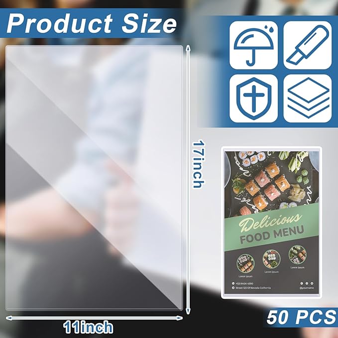 Henoyso 50 Pcs 11" x 17" Rigid Print Protectors, Heavy Duty Hard Plastic Sheet Page Protectors Crystal Menu Holder Clear Poster Sleeve Top Loading Frame for Magazine Photo Paper Poster Prints