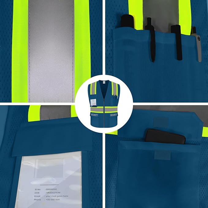 Security Vest for Men Women, Safety Vest for Men Women, Hi Vis Neon Safety Work Wear with Reflective Strip, ANSI Compliant, Blue, 4XL