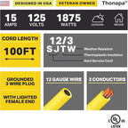 100 Foot Outdoor Extension Cord - 12/3 Heavy Duty Yellow Extension Cable with 3 Prong Grounded Plug for Safety - Great for Garden and Major Appliances