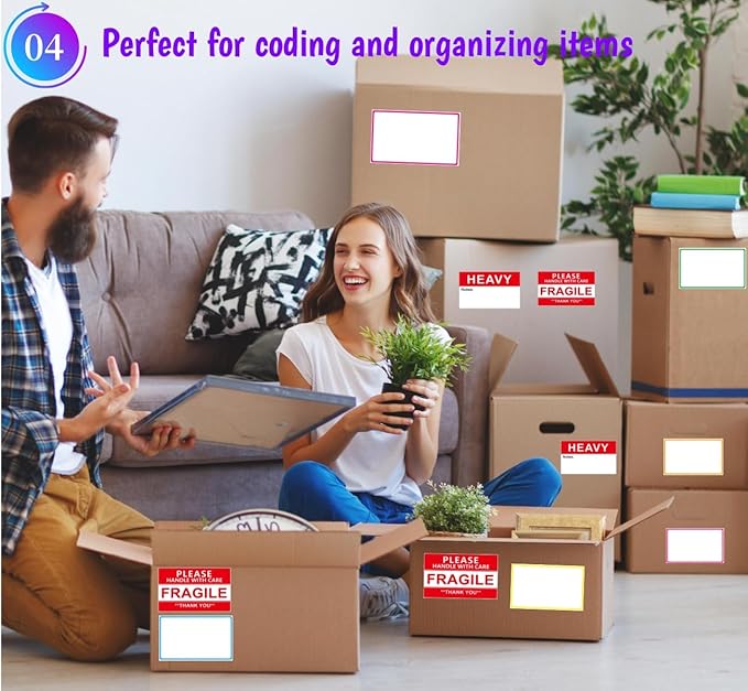 5" x 3" Large Moving Labels for Home Packing Box Label with Writable Notes Areas, 6 Color Coded Border Label + Fragile Moving Stickers + Heavy Blank Labels + 2 Permanent Markers. Permanent Adhesion