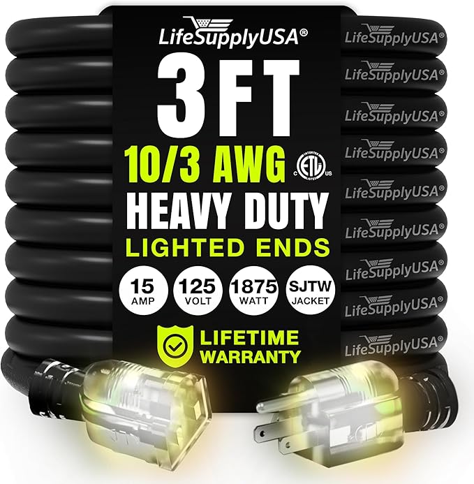 3ft Outdoor/Indoor Extension Cord 10/3 Gauge Ultra Heavy Duty 3 Prong SJTW, Waterproof, ETL Listed, Flexible Cold-Resistant Long Power Cord,125 Amp 1875W, Black by LifeSupplyUSA