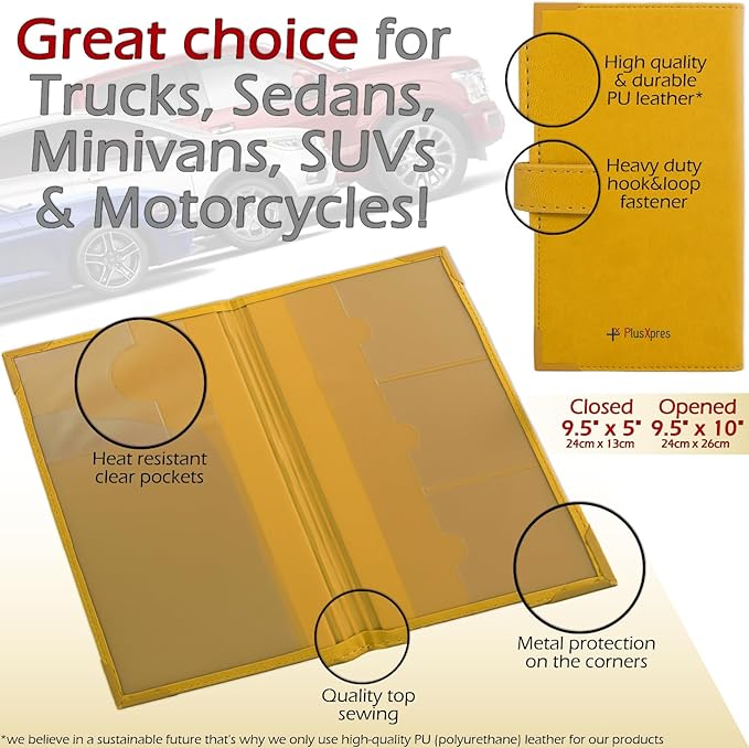 Auto Insurance and Registration Card Holder - Vehicle Glove Box Document Organizer - Car Essential Paperwork Holder for DMV, AAA, Contact Information Cards - Premium PU Leather Wallet Case - Yellow