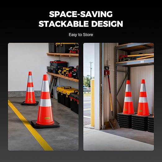 10 Pack 28 Inch Traffic Cones with Black Base, from -22℉ to 131℉, MUTCD-Compliant Orange Safety Cone with Reflective Collar ＆ Extra Caution Tape for Parking Lot, Construction Work, Road Safety