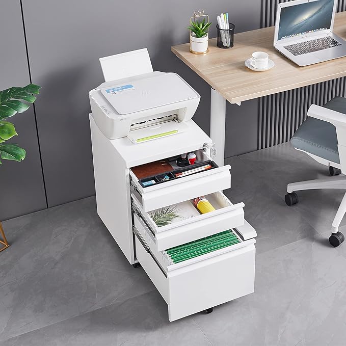 3-Drawer Lockable Mobile File Cabinet – Metal A4/Letter/Legal Size Storage for Home/Office, Space-Saving Under-Desk Cabinet with Wheels[Installation Required] (White-B)