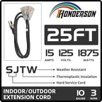 3-Outlets Indoor Outdoor Extension Cord Weatherproof with Lighted End, UL Listed, 10 Gauge 25FT Black 3 Prong Heavy Duty, 10/3 SJTW 15A Power Cord