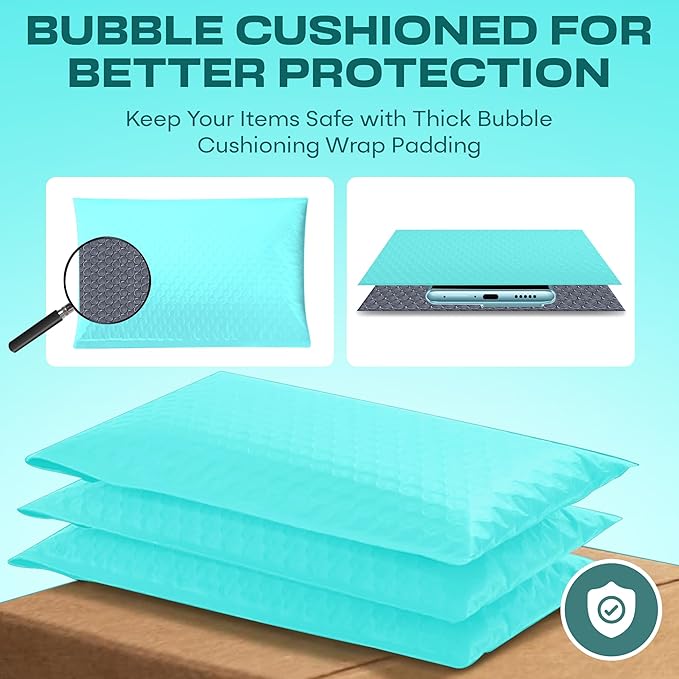 Teal Poly Bubble Mailers 7.25x12 inch #1 | Self Seal Padded Envelopes | Cushioned Bubble Mailer | Usable Size 7.25x11 | WaterProof | Lightweight mailing Shipping Bags | 200 Pack Bulk