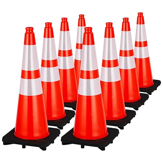 Traffic Cones 28", PeakPursuit 8 PCS Safety Cones, PVC Orange Safety Road Parking Cones with 2 Reflective Collars,Hazard Construction Cones for Home Traffic Parking