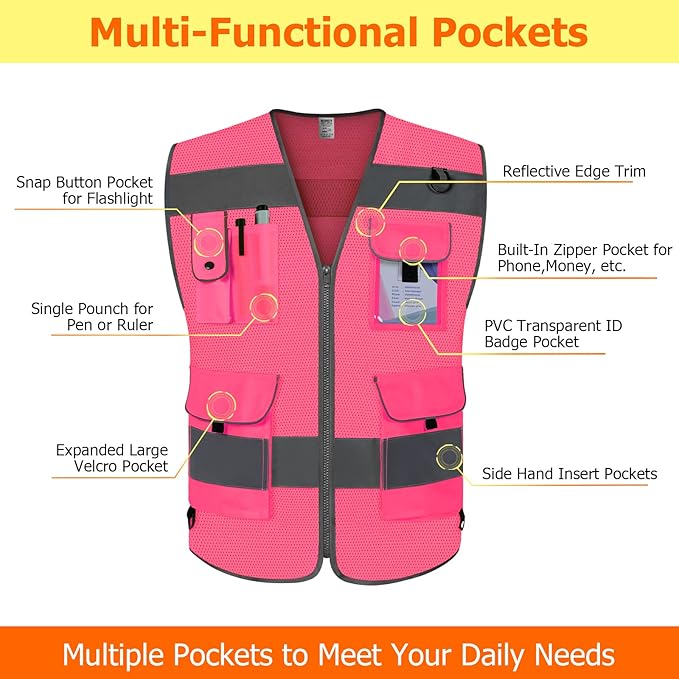 TCCFCCT Mesh Hi Vis Vest 9 Pockets High Visibility Reflective Safety Vest for Men Women, Safety Construction Vest with Reflective Strips, Meets ANSI/ISEA Standards, (Pink, Medium)