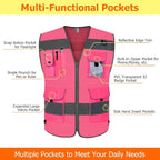 TCCFCCT Mesh Reflective Safety Vest 9 Pockets High Visibility Vest for Men Women, Hi Vis Reflective Work Vest for Safety, Meets ANSI/ISEA Standards, (Pink, XX-Large)