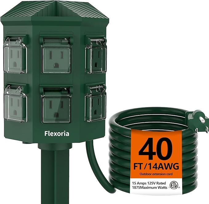 Outdoor Power Strip Waterproof, 40 FT Extension Cord, 6 Grounded Outlets for Christmas Decorations and Inflatables, 15A/1875W, ETL Listed