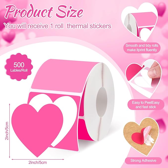 Ctosree 500 Pcs/ 1 Roll Thermal Sticker Labels Self Adhesive Direct Thermal Labels Multipurpose Printer Stickers for DIY, Name Tag(Heart,2 Inches,Pink Gradient)
