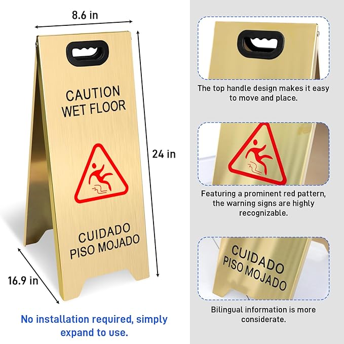 2 Pack Stainless Steel Wet Floor Sign, 24 Inch Caution Wet Floor Sign Portable Foldable Bilingual Safety Warning for Hotel Market Restroom Restaurant Office (Gold)