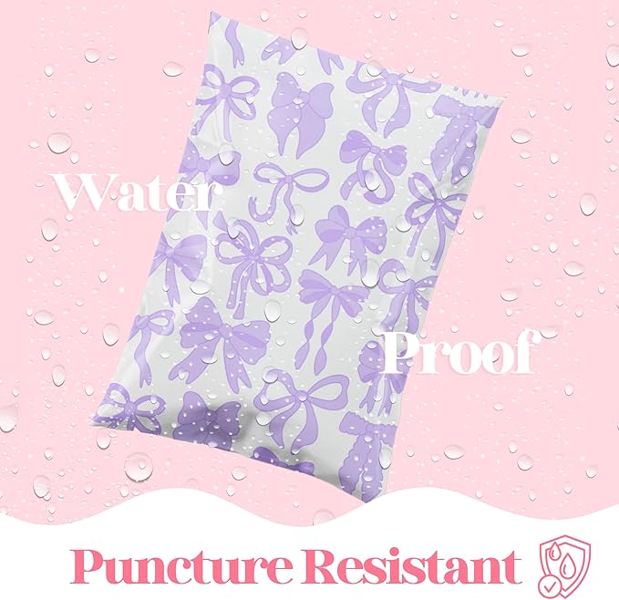 14.5x19 Designer Poly Mailer 100 Pack Heavy Duty Waterproof Self Seal Shipping Bags for Small Business Large Mailing Envelopes Bulk Tear Resistant Packaging Purple Bows