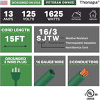 13 Amp Outdoor Extension Cord 15 ft, 16/3 SJTW 15ft Green Extension Cord 3 Prong, Weatherproof for Outdoor Lights, Landscaping & Lawn - US Veteran Owned