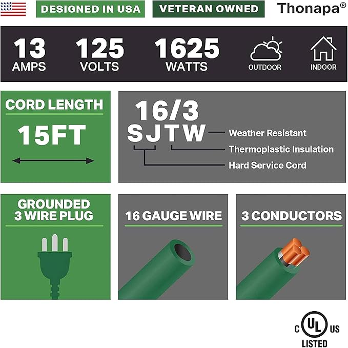 13 Amp Outdoor Extension Cord 15 ft, 16/3 SJTW 15ft Green Extension Cord 3 Prong, Weatherproof for Outdoor Lights, Landscaping & Lawn - US Veteran Owned