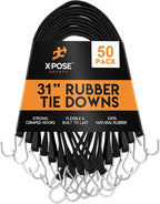 Rubber Bungee Cords with Hooks 50 Pack 31 Inch (47” Max Stretch) Heavy-Duty Black Tie Down Straps for Outdoor, Tarp Covers, Canvas Canopies, Motorcycle, and Cargo - by Xpose Safety