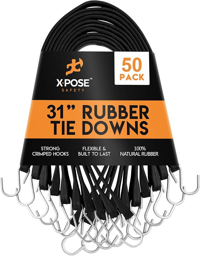 Rubber Bungee Cords with Hooks 50 Pack 31 Inch (47” Max Stretch) Heavy-Duty Black Tie Down Straps for Outdoor, Tarp Covers, Canvas Canopies, Motorcycle, and Cargo - by Xpose Safety