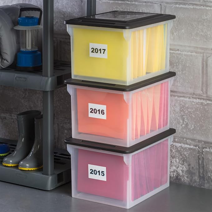 Sterilite File Box, Stackable Storage Bin with Lid, Organize Receipts, Bills, Taxes and Papers in the Home, Office, Clear Base with Black Lid, 16-Pack