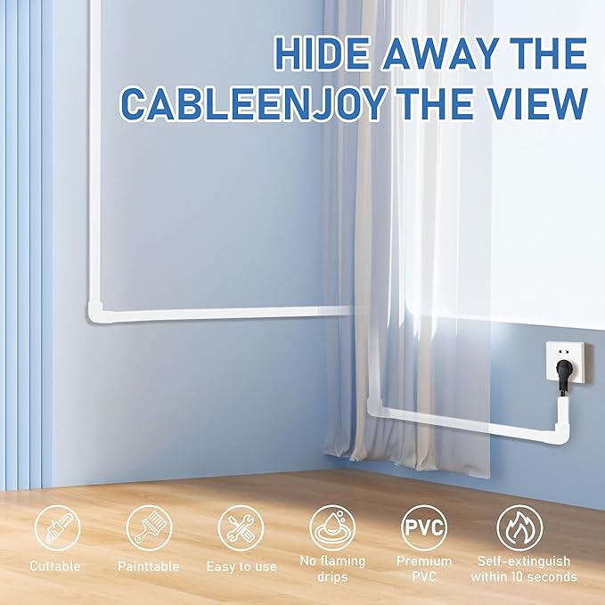 Wire Covers for Cords On Wall - Cord Management on Wall for Home and Office, Paintable PVC Cable Raceway Cover (White, 125")
