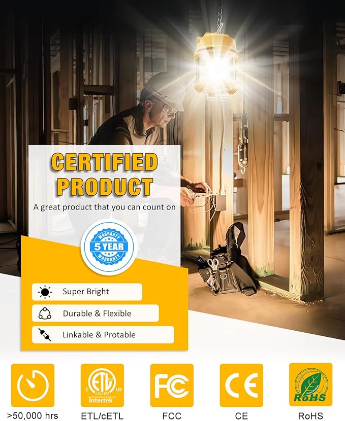 LED Temporary Work Light 100W 5000K 13,000lm, JC-LGL Outdoor Construction Lights Job Site Lighting 10ft Cord Dust Waterproof Hanging Lightin
