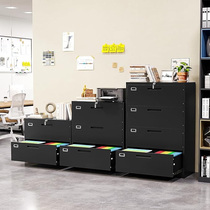 Lateral File Cabinet, Metal Filing Cabinet with Lock, 2 Drawer File Cabinets for Home Office, Office Cabinet for Hanging Files Letter/Legal/F4/A4, Assembly Required, Black
